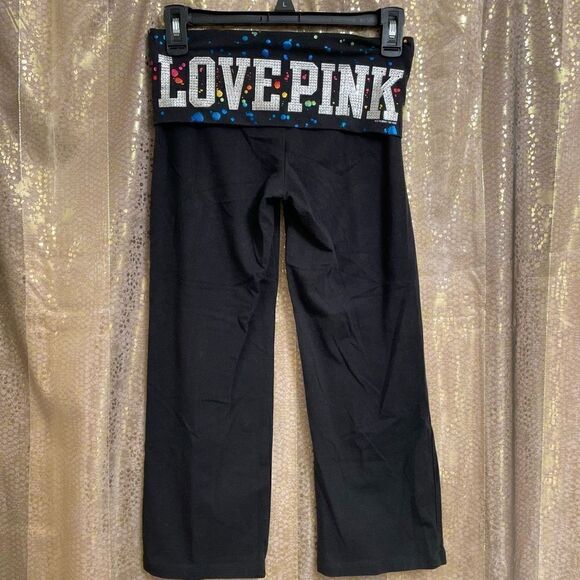 VTG PINK Y2K Rhinestone Metallic Paint Splatter Fold Over Capris XS - Picture 1 of 7